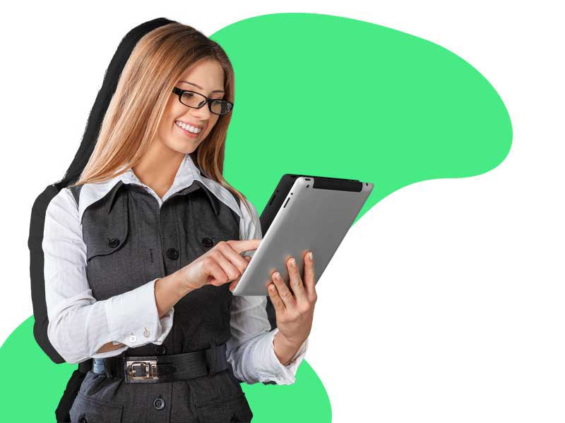 smiling woman with long hair using a tablet